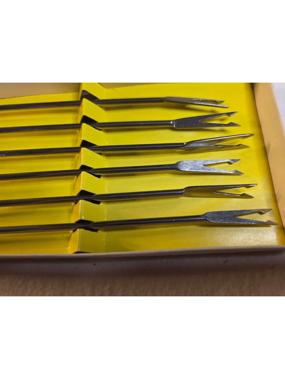Vintage Tanco Stainless Steel Fondue Forks Set of 6 Wood Handles Original Box